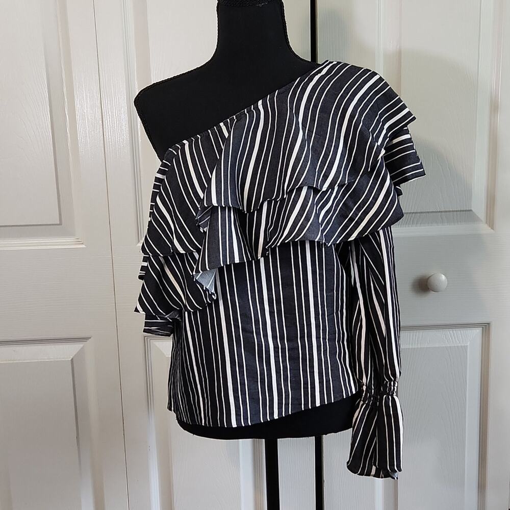 Scripted Women's Gray & White Striped One Shoulder Layered Ruffle Top Size SM US